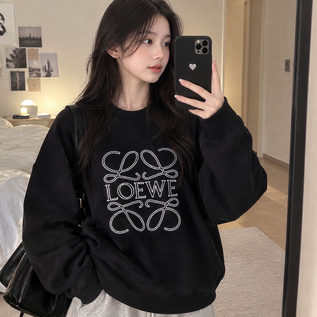 LOEWE large openwork flower logo embroidered crew neck sweatshirt 400g combed cotton dimensional embroidery relaxed fit sizes S-XL
