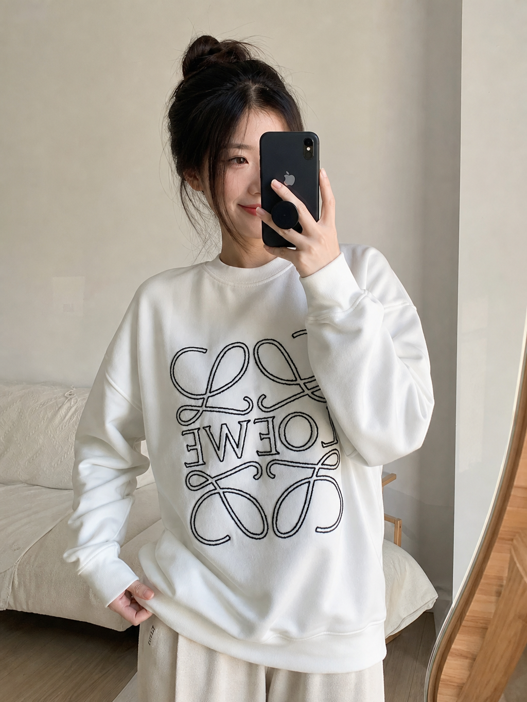 LOEWE large openwork flower logo embroidered crew neck sweatshirt white 400g combed cotton dimensional embroidery relaxed fit sizes S-XL