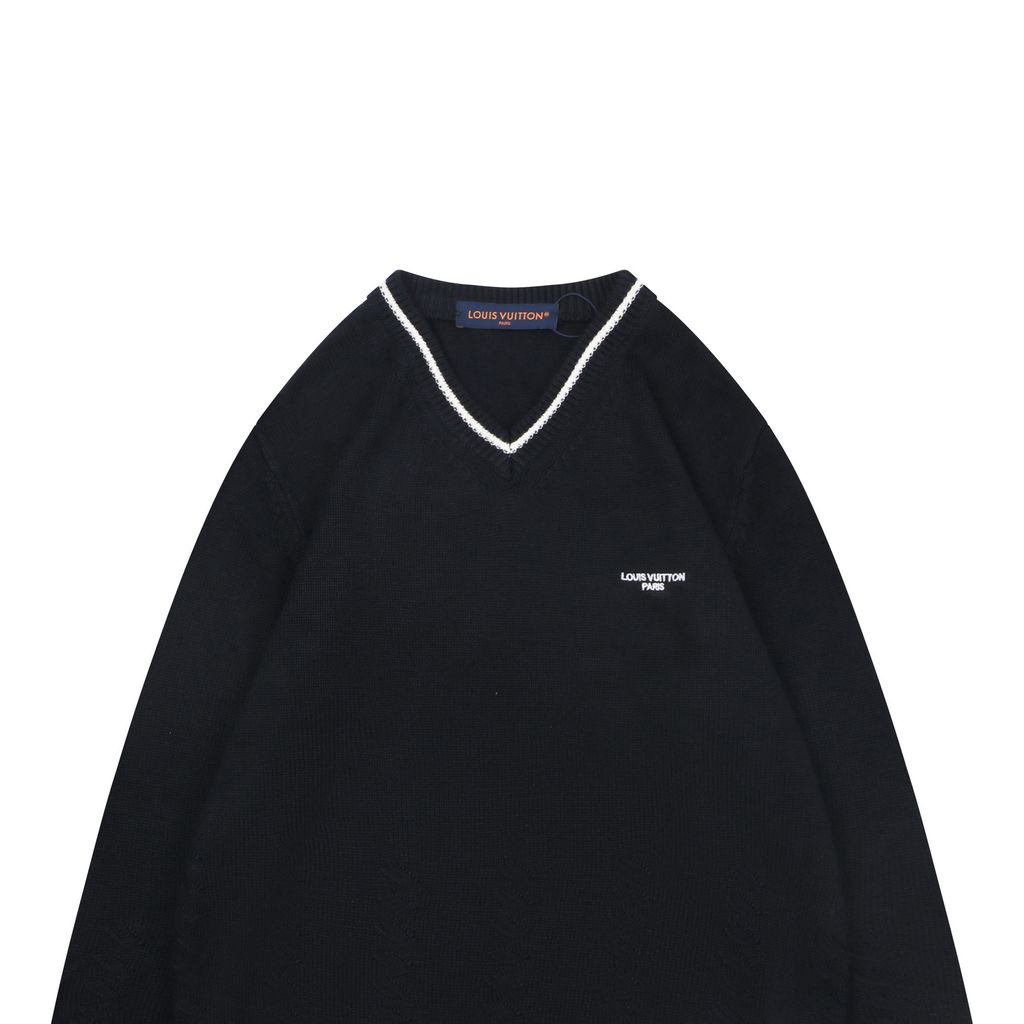 Louis Vuitton right side Monogram letter V neck sweater silk cotton blend knit contrast chest embroidered small logo garment washed sizes S-XL