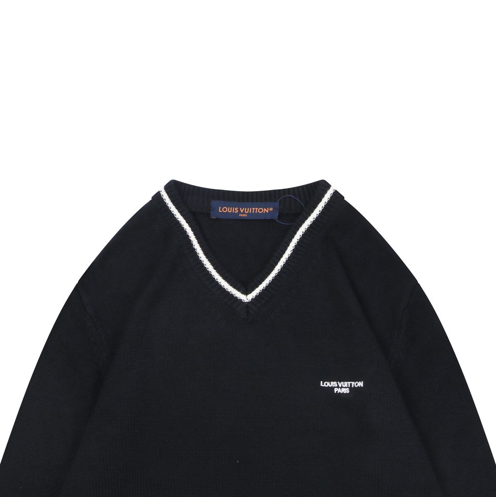 Louis Vuitton right side Monogram letter V neck sweater silk cotton blend knit contrast chest embroidered small logo garment washed sizes S-XL