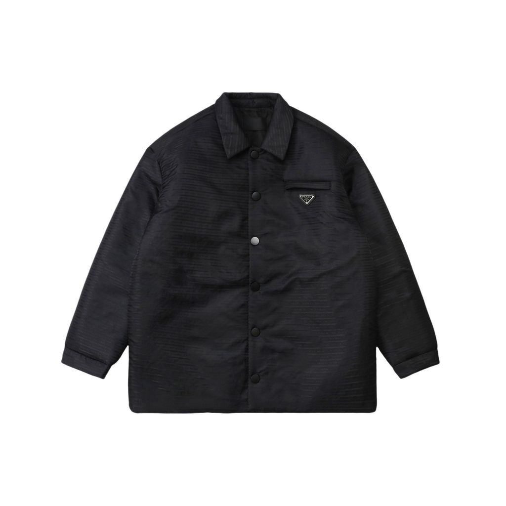 Prada triangle badge jacquard padded jacket recycled nylon logo fabric high density rayon lining 80g insulation custom hardware oversized fit sizes S-XL