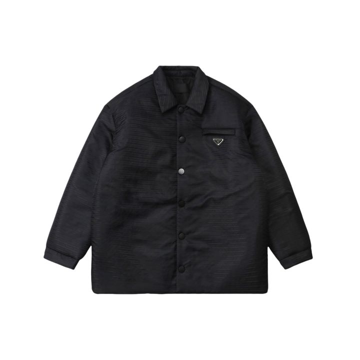 Prada triangle badge jacquard padded jacket recycled nylon logo fabric high density rayon lining 80g insulation custom hardware oversized fit sizes S-XL