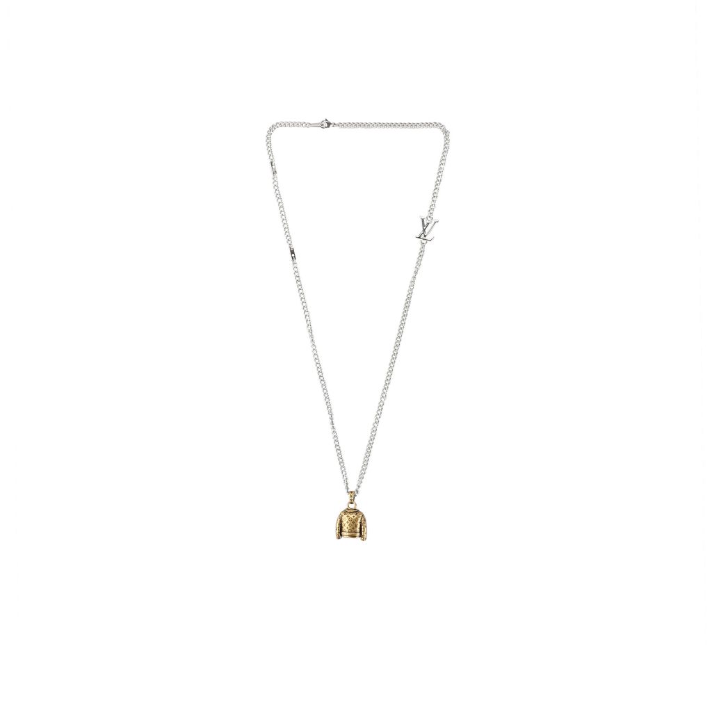 Louis Vuitton Monogram jacket charm necklace silver plated white copper lucky symbol pendant vintage silver tone adjustable 50 55 60cm