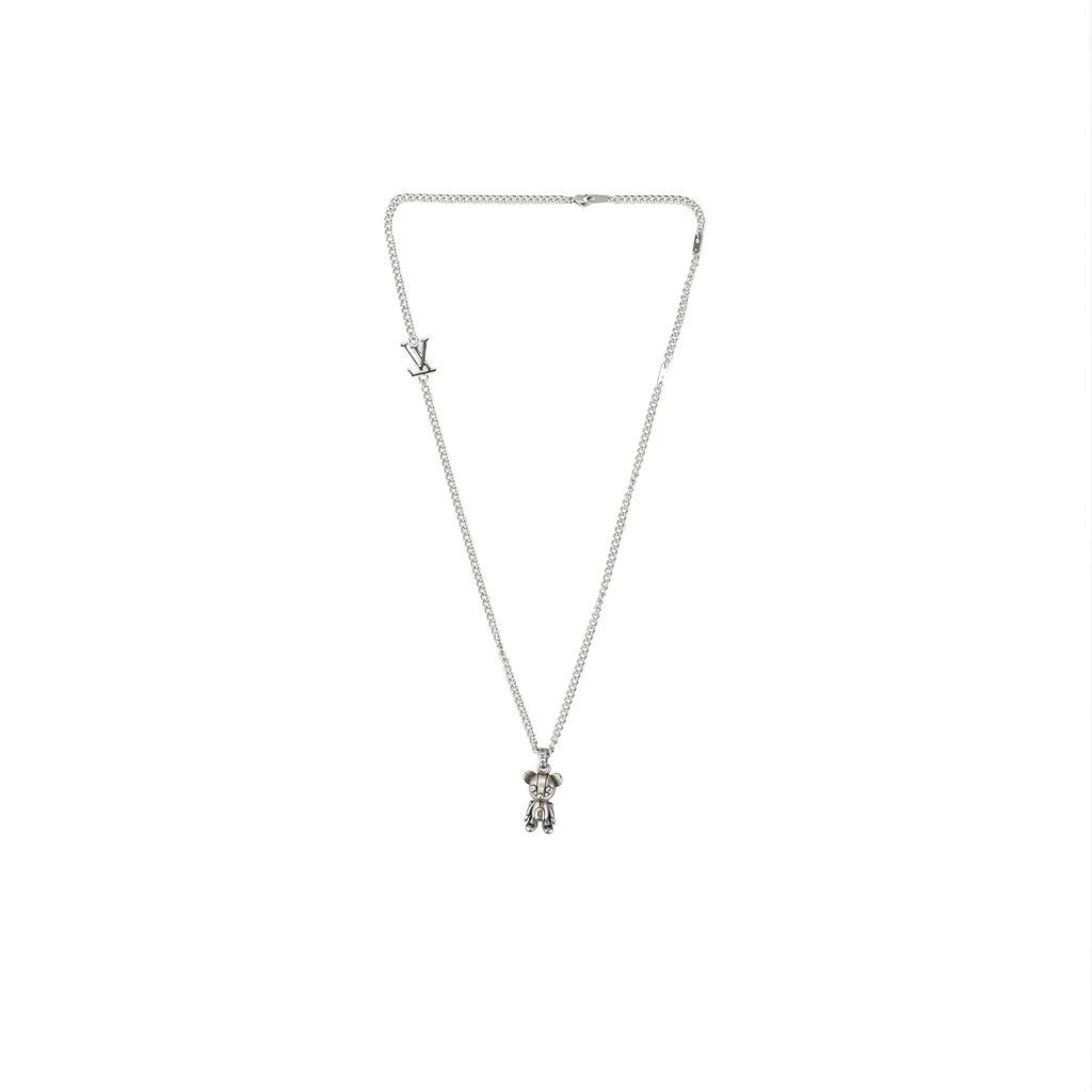 Louis Vuitton mechanical bear charm necklace silver plated white copper sculptural bear pendant vintage silver tone adjustable 50 55 60cm