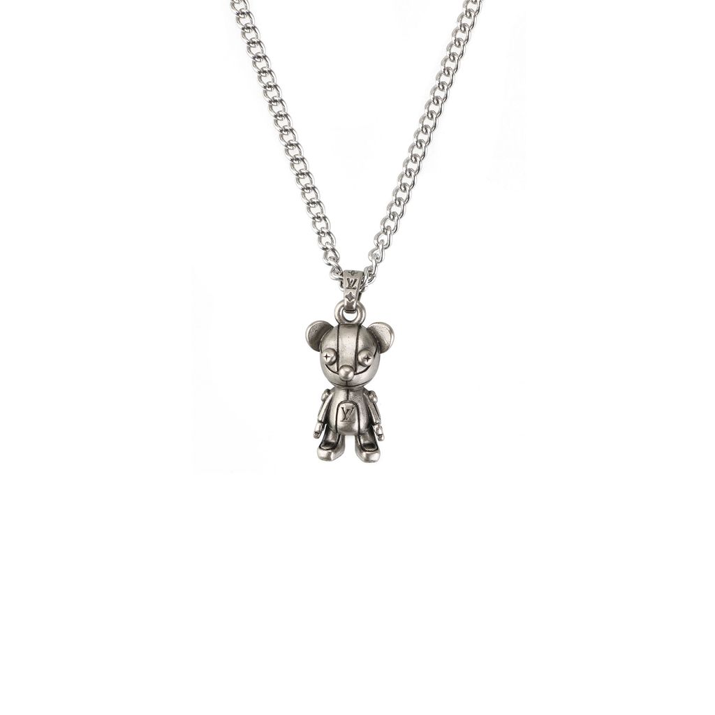 Louis Vuitton mechanical bear charm necklace silver plated white copper sculptural bear pendant vintage silver tone adjustable 50 55 60cm