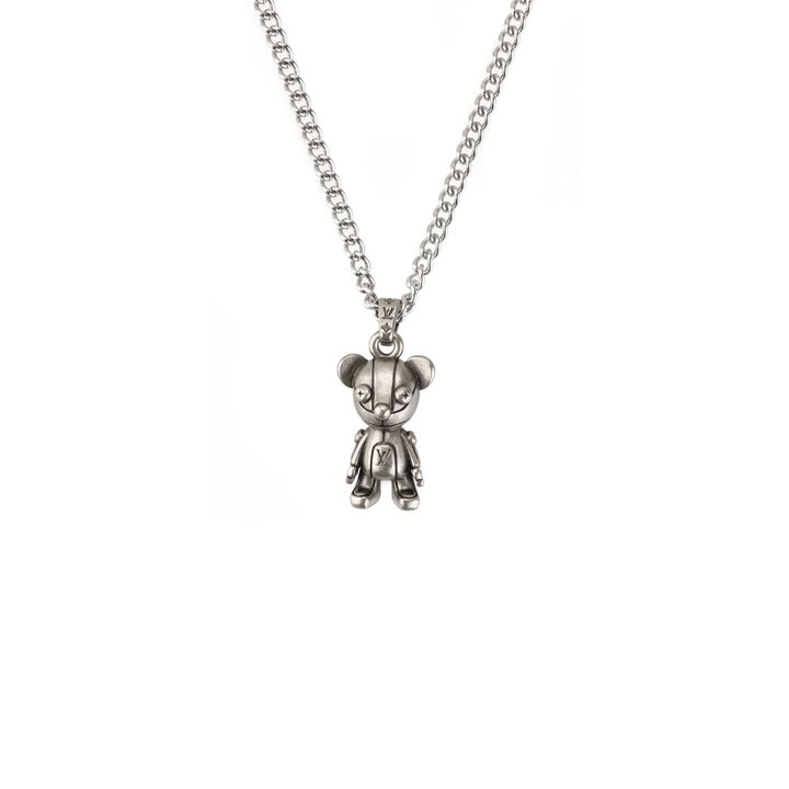 Louis Vuitton mechanical bear charm necklace silver plated white copper sculptural bear pendant vintage silver tone adjustable 50 55 60cm