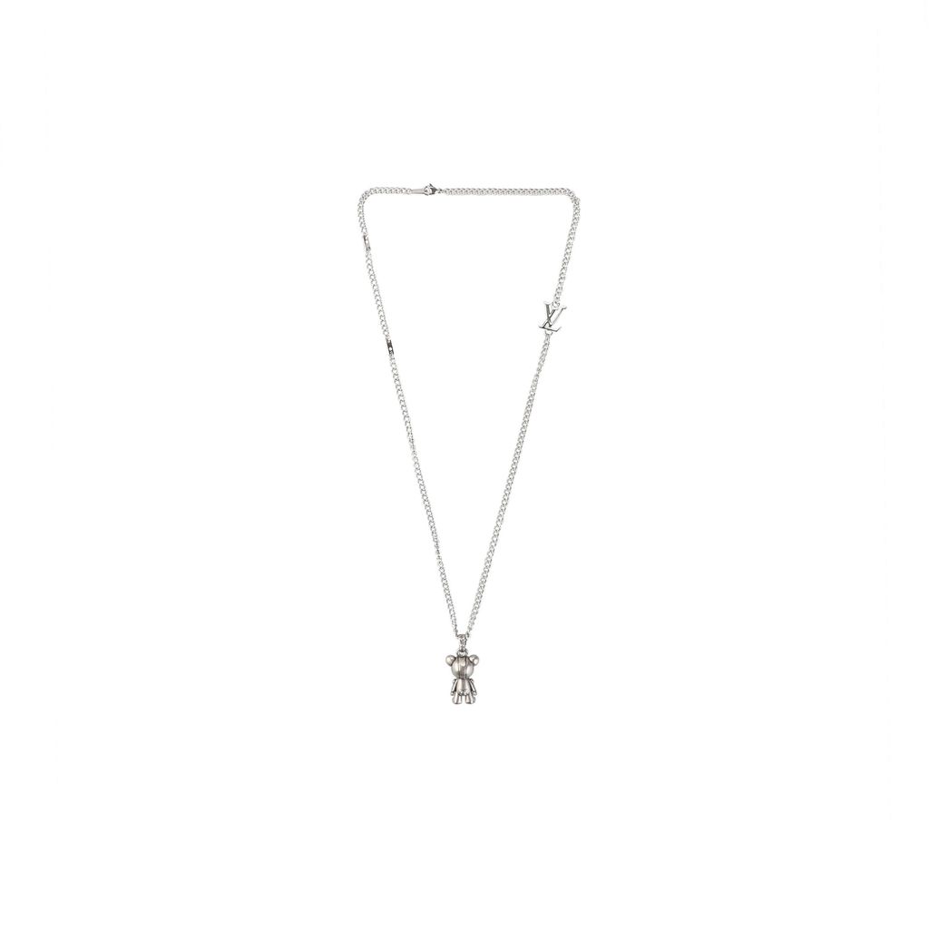 Louis Vuitton mechanical bear charm necklace silver plated white copper sculptural bear pendant vintage silver tone adjustable 50 55 60cm