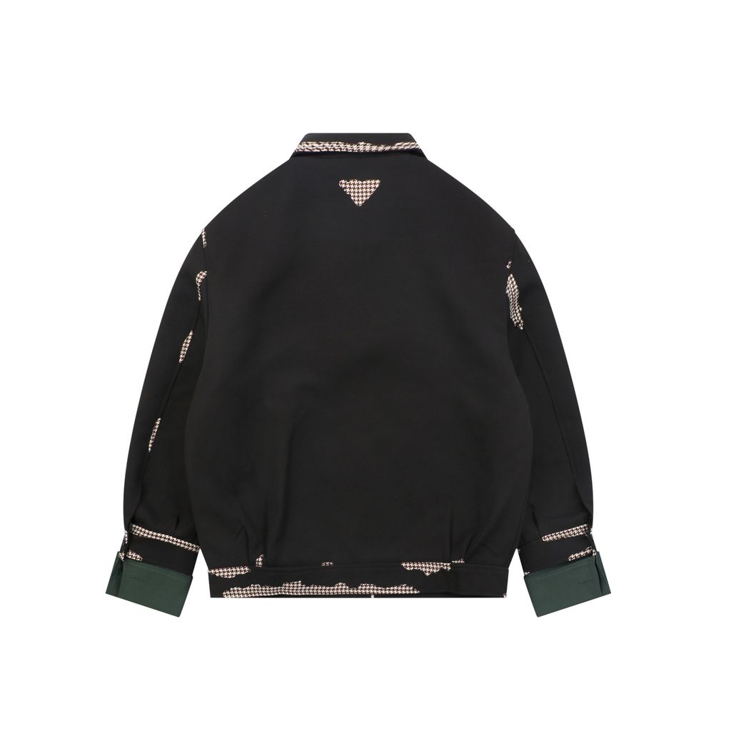 Prada burnout houndstooth patchwork jacket black 100 percent cotton full houndstooth lining triangle badge metal zip cropped relaxed unisex fit sizes S-XL