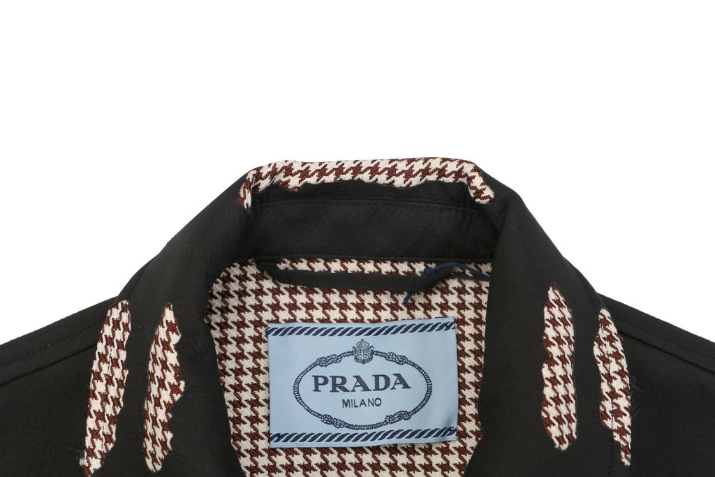 Prada burnout houndstooth patchwork jacket black 100 percent cotton full houndstooth lining triangle badge metal zip cropped relaxed unisex fit sizes S-XL