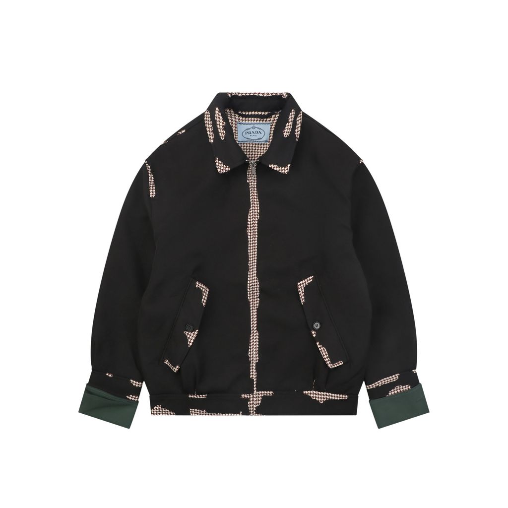 Prada burnout houndstooth patchwork jacket black 100 percent cotton full houndstooth lining triangle badge metal zip cropped relaxed unisex fit sizes S-XL