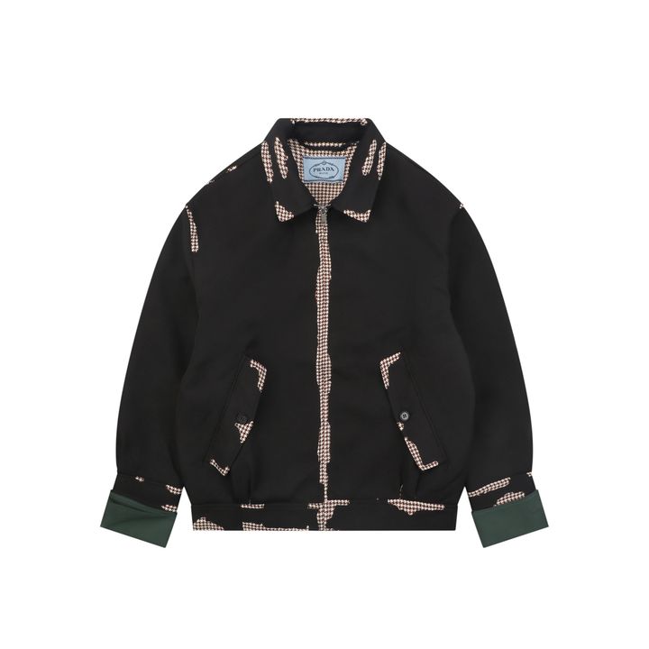 Prada burnout houndstooth patchwork jacket black 100 percent cotton full houndstooth lining triangle badge metal zip cropped relaxed unisex fit sizes S-XL