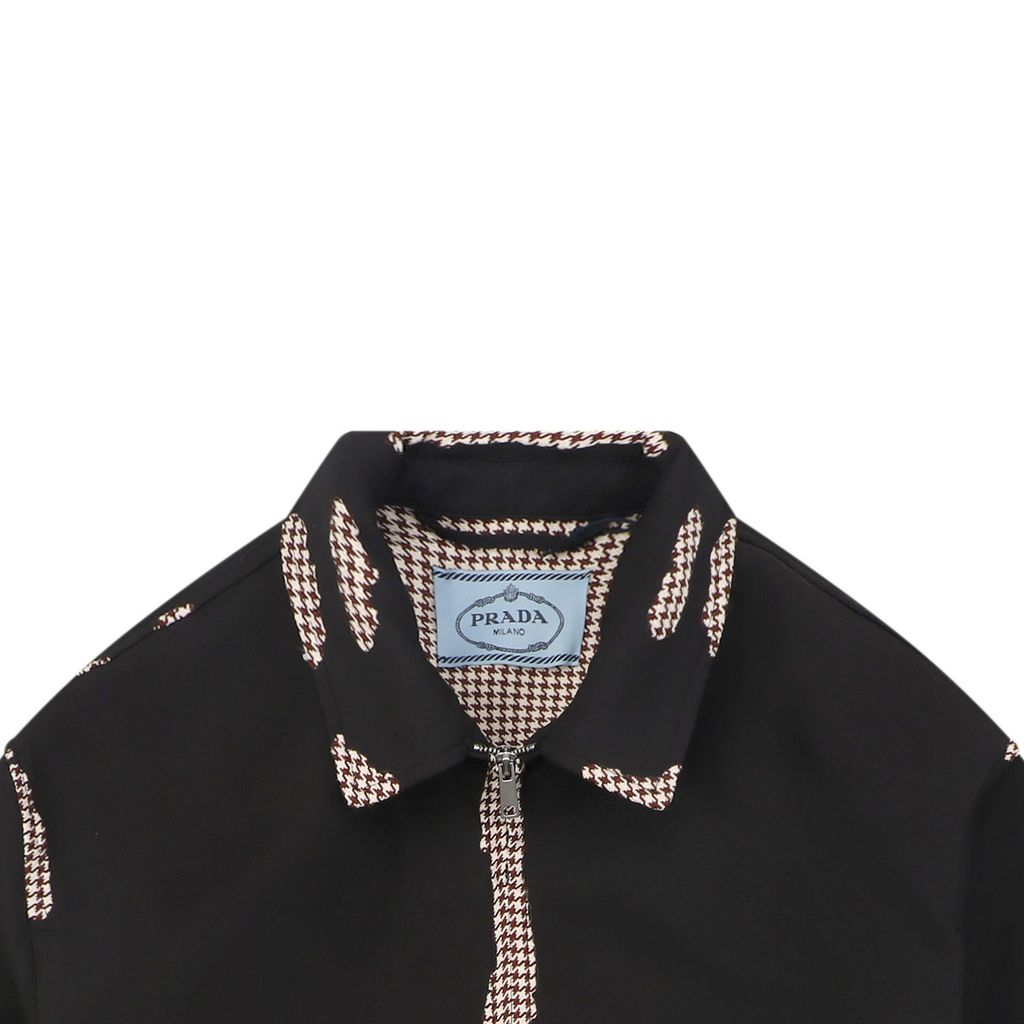 Prada burnout houndstooth patchwork jacket black 100 percent cotton full houndstooth lining triangle badge metal zip cropped relaxed unisex fit sizes S-XL