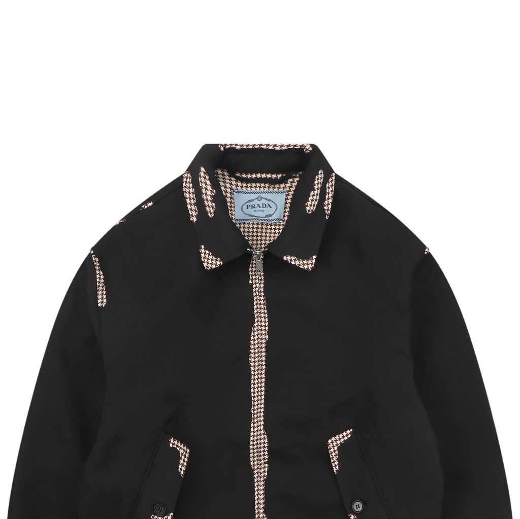 Prada burnout houndstooth patchwork jacket black 100 percent cotton full houndstooth lining triangle badge metal zip cropped relaxed unisex fit sizes S-XL
