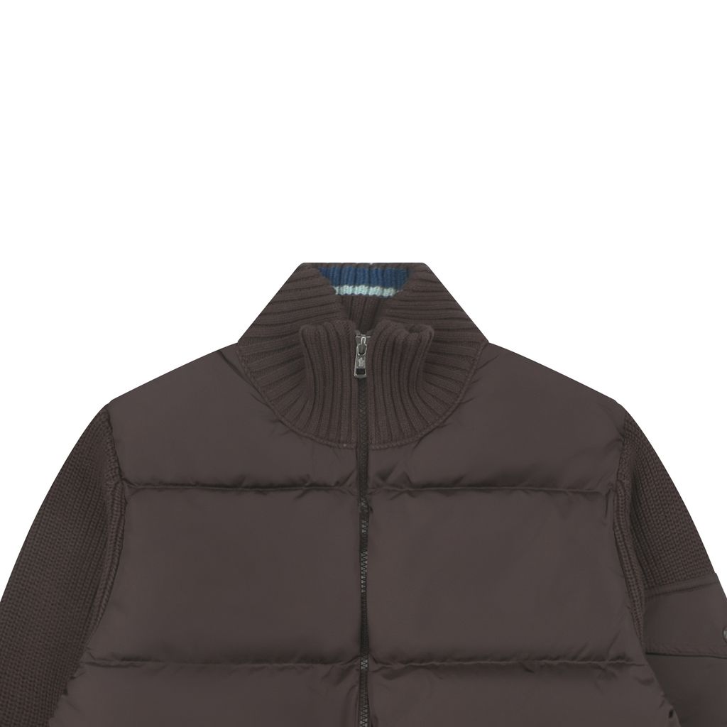 Moncler brown hybrid down jacket rib knit sleeves high neck blue green striped cuffs sleeve pocket badge large check patchwork sizes M-3XL