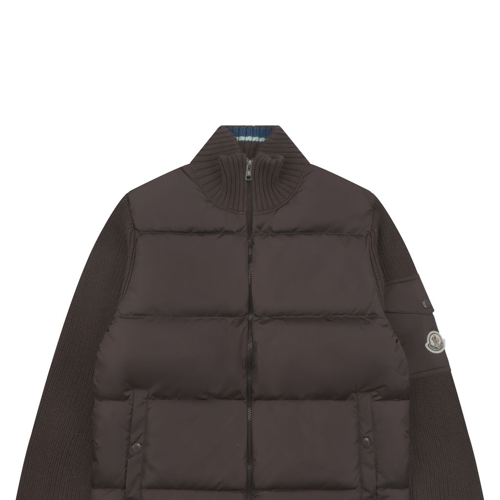 Moncler brown hybrid down jacket rib knit sleeves high neck blue green striped cuffs sleeve pocket badge large check patchwork sizes M-3XL