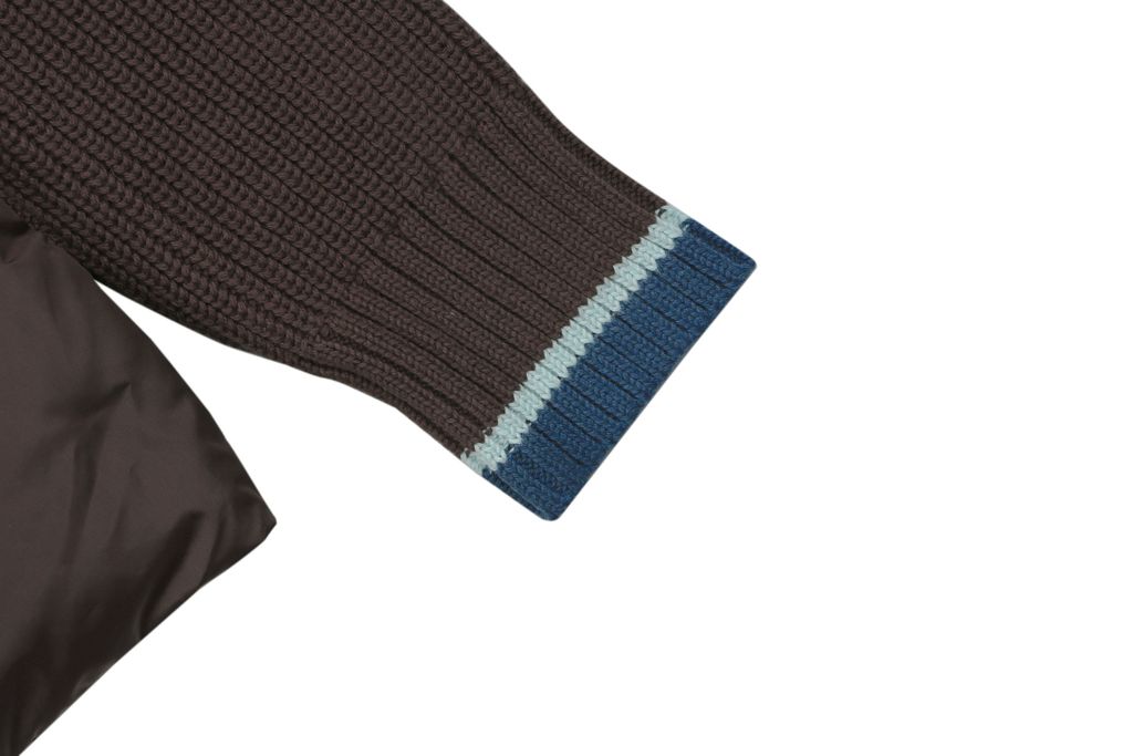 Moncler brown hybrid down jacket rib knit sleeves high neck blue green striped cuffs sleeve pocket badge large check patchwork sizes M-3XL
