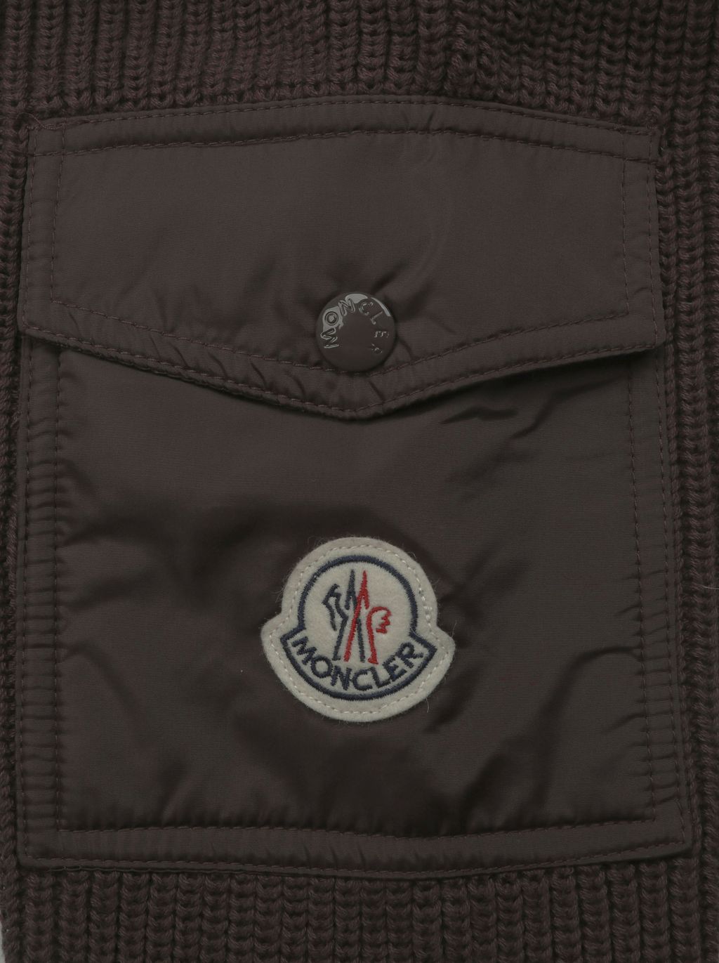 Moncler brown hybrid down jacket rib knit sleeves high neck blue green striped cuffs sleeve pocket badge large check patchwork sizes M-3XL