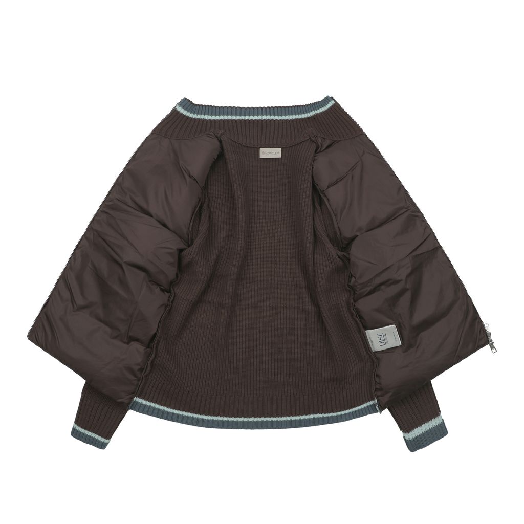 Moncler brown hybrid down jacket rib knit sleeves high neck blue green striped cuffs sleeve pocket badge large check patchwork sizes M-3XL