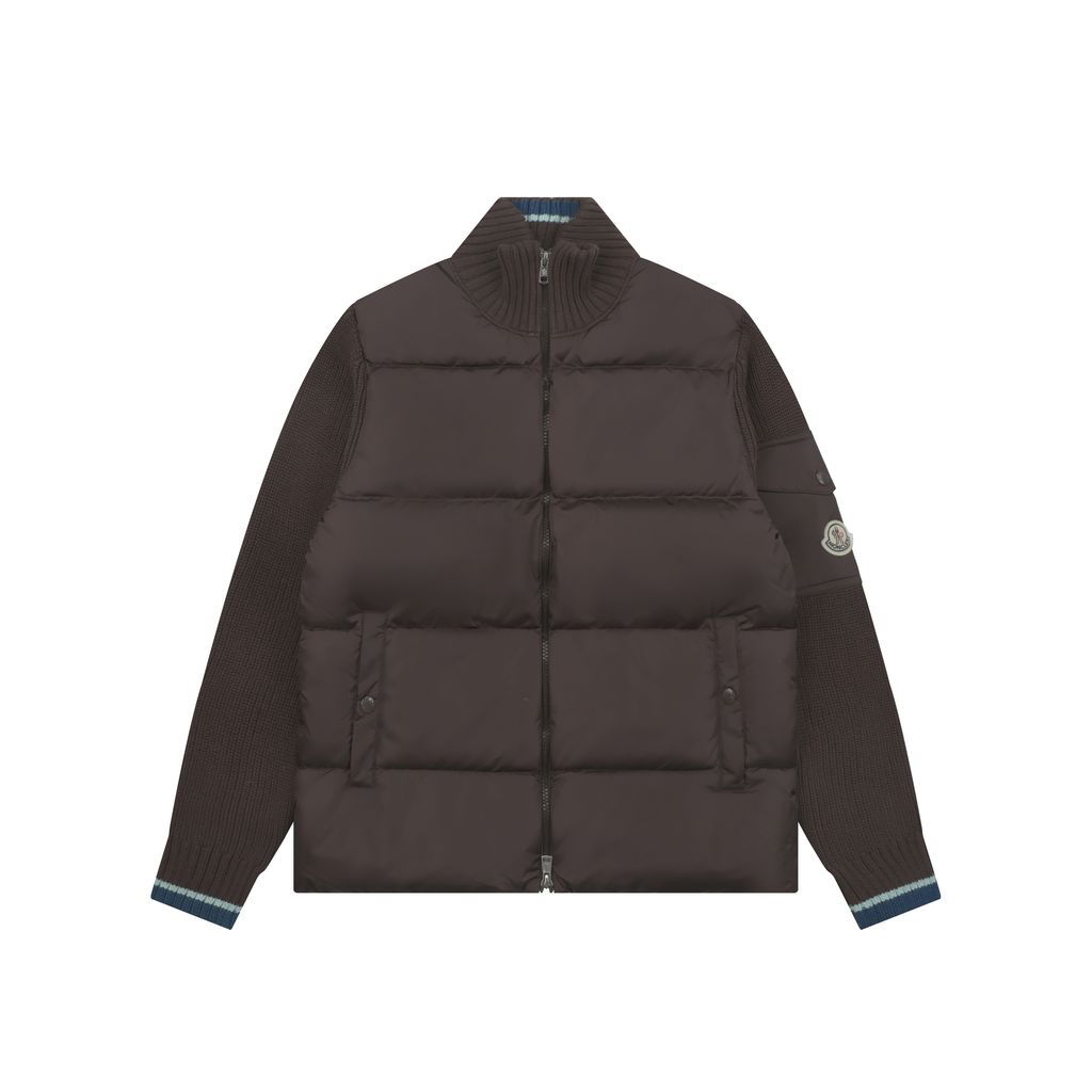 Moncler brown hybrid down jacket rib knit sleeves high neck blue green striped cuffs sleeve pocket badge large check patchwork sizes M-3XL