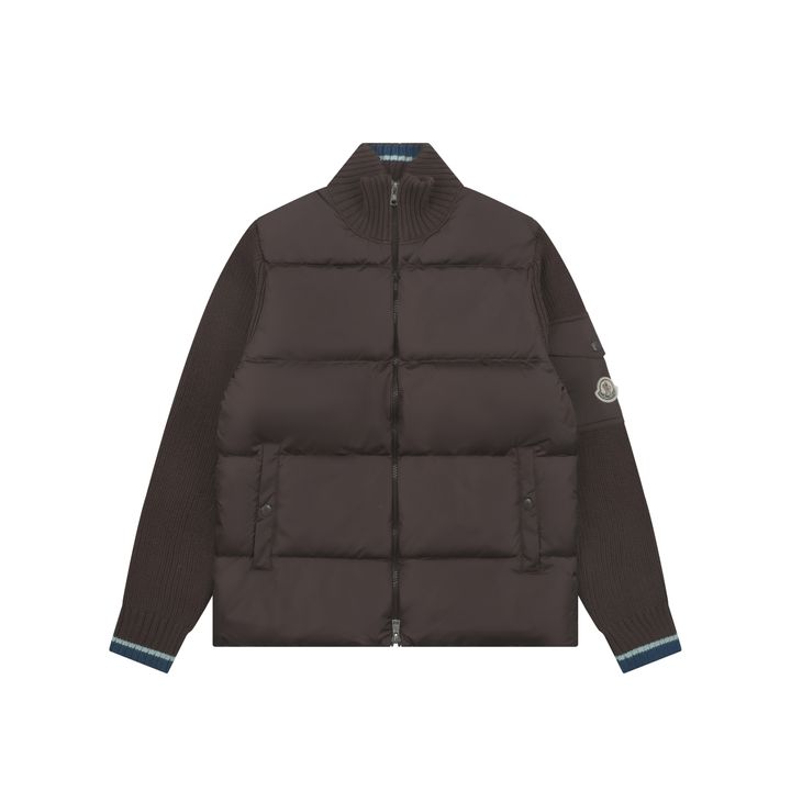 Moncler brown hybrid down jacket rib knit sleeves high neck blue green striped cuffs sleeve pocket badge large check patchwork sizes M-3XL