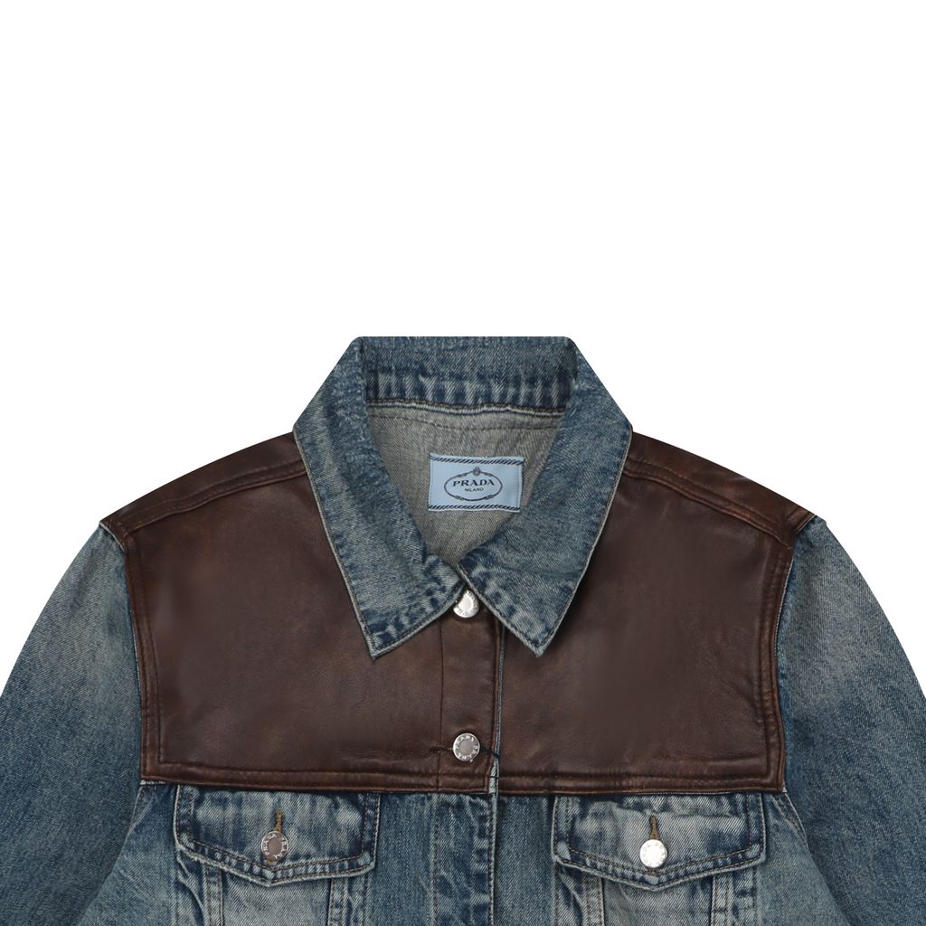 Prada brown faux leather patchwork denim jacket washed denim faux cowhide leather enzyme stone washed sprayed vintage distressed finish sizes S-XL