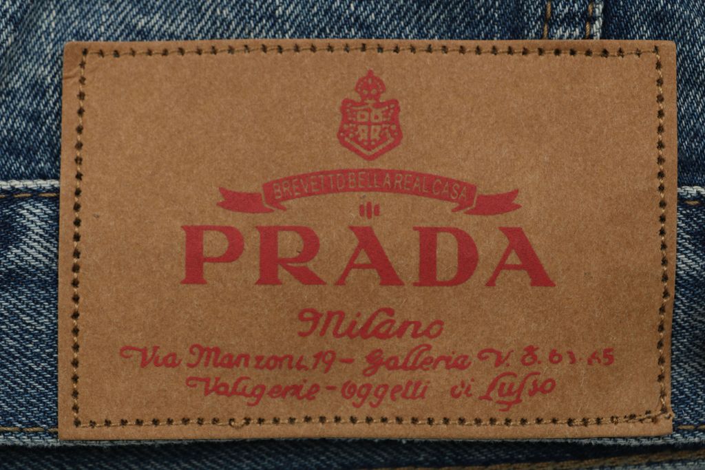 Prada brown faux leather patchwork denim jacket washed denim faux cowhide leather enzyme stone washed sprayed vintage distressed finish sizes S-XL