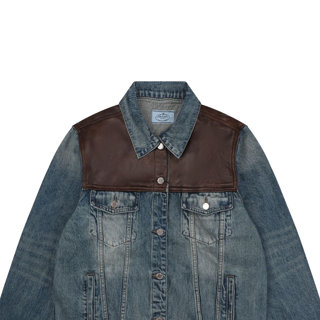 Prada brown faux leather patchwork denim jacket washed denim faux cowhide leather enzyme stone washed sprayed vintage distressed finish sizes S-XL