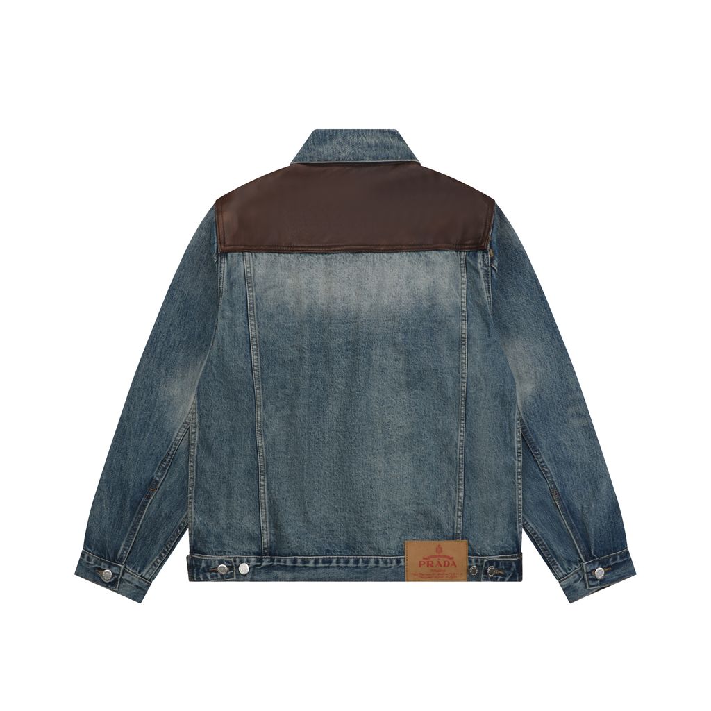 Prada brown faux leather patchwork denim jacket washed denim faux cowhide leather enzyme stone washed sprayed vintage distressed finish sizes S-XL