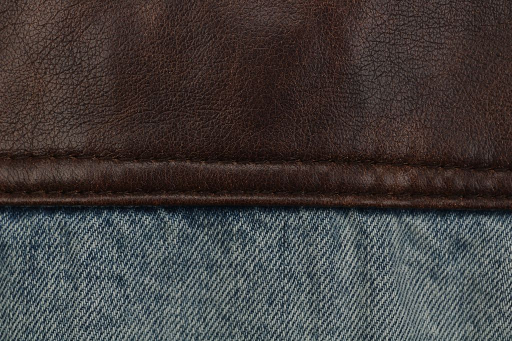 Prada brown faux leather patchwork denim jacket washed denim faux cowhide leather enzyme stone washed sprayed vintage distressed finish sizes S-XL