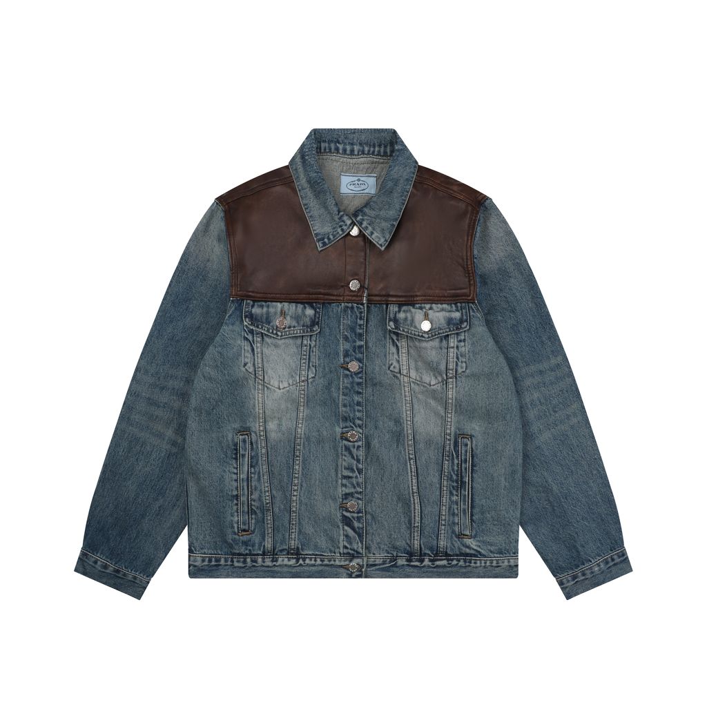 Prada brown faux leather patchwork denim jacket washed denim faux cowhide leather enzyme stone washed sprayed vintage distressed finish sizes S-XL