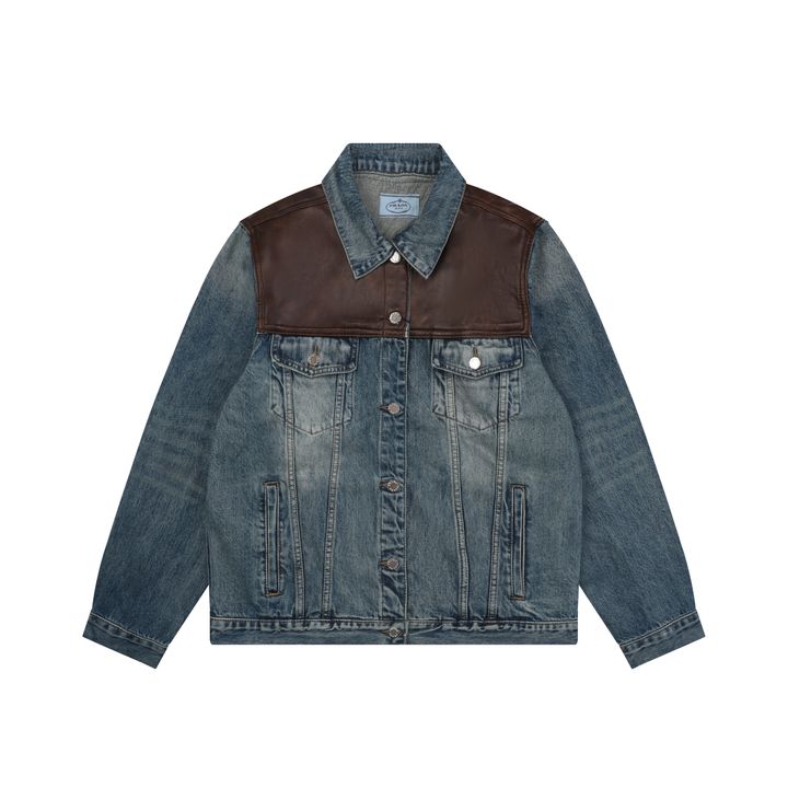 Prada brown faux leather patchwork denim jacket washed denim faux cowhide leather enzyme stone washed sprayed vintage distressed finish sizes S-XL