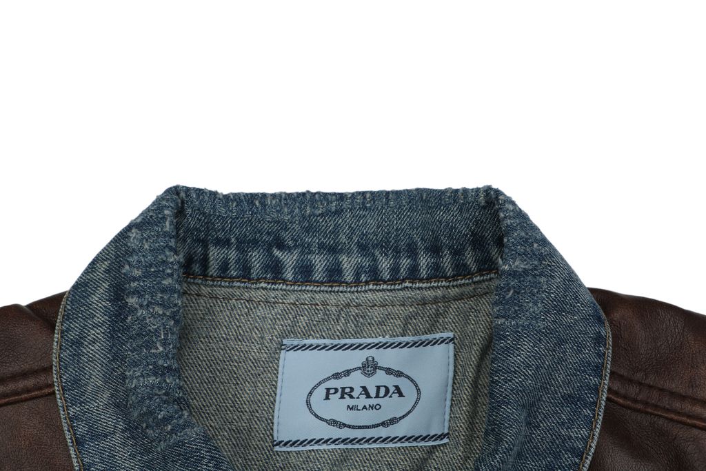 Prada brown faux leather patchwork denim jacket washed denim faux cowhide leather enzyme stone washed sprayed vintage distressed finish sizes S-XL