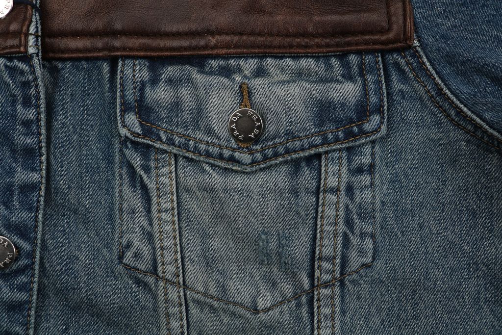 Prada brown faux leather patchwork denim jacket washed denim faux cowhide leather enzyme stone washed sprayed vintage distressed finish sizes S-XL