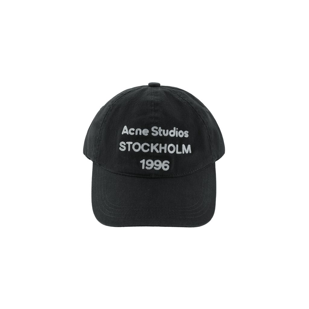 Acne Studios 1996 logo washed cap 300gsm 100 percent combed cotton twill vintage faded black stone enzyme wash embroidered logo aged brass buckle 60cm