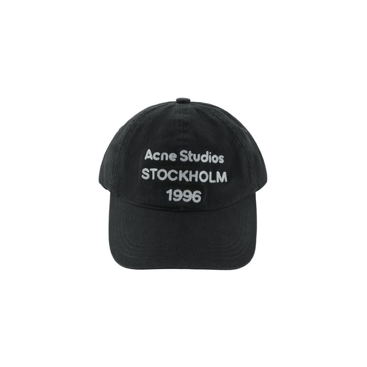 Acne Studios 1996 logo washed cap 300gsm 100 percent combed cotton twill vintage faded black stone enzyme wash embroidered logo aged brass buckle 60cm