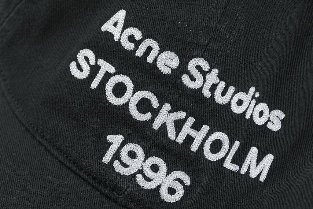 Acne Studios 1996 logo washed cap 300gsm 100 percent combed cotton twill vintage faded black stone enzyme wash embroidered logo aged brass buckle 60cm