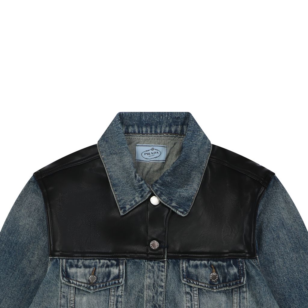 Prada black faux leather patchwork denim jacket washed denim faux cowhide leather enzyme stone washed sprayed vintage distressed finish sizes S-XL
