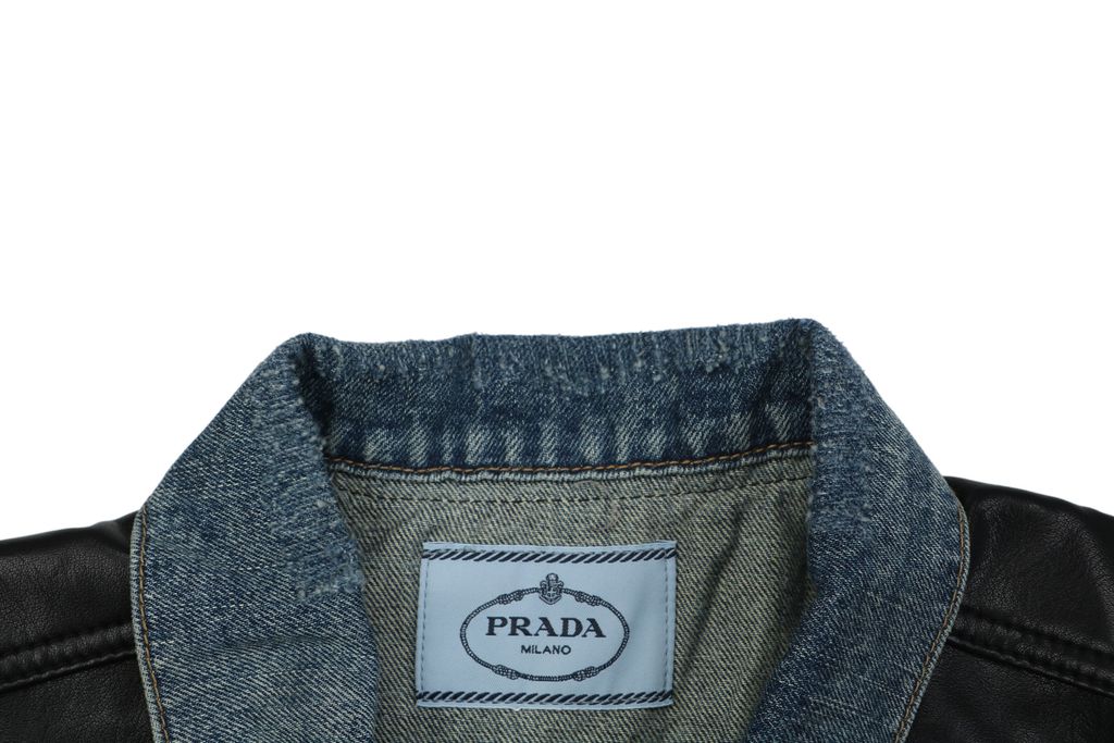 Prada black faux leather patchwork denim jacket washed denim faux cowhide leather enzyme stone washed sprayed vintage distressed finish sizes S-XL