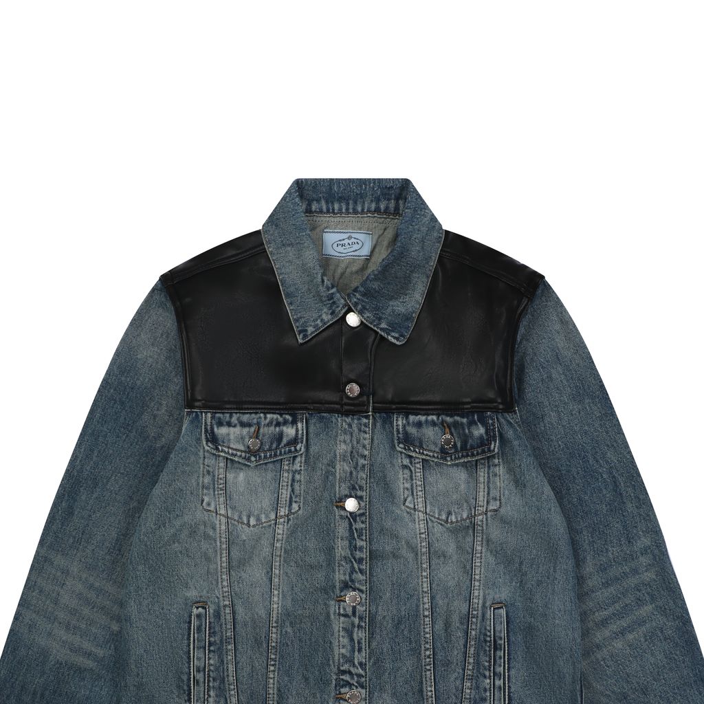 Prada black faux leather patchwork denim jacket washed denim faux cowhide leather enzyme stone washed sprayed vintage distressed finish sizes S-XL