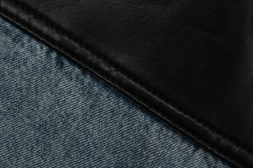 Prada black faux leather patchwork denim jacket washed denim faux cowhide leather enzyme stone washed sprayed vintage distressed finish sizes S-XL