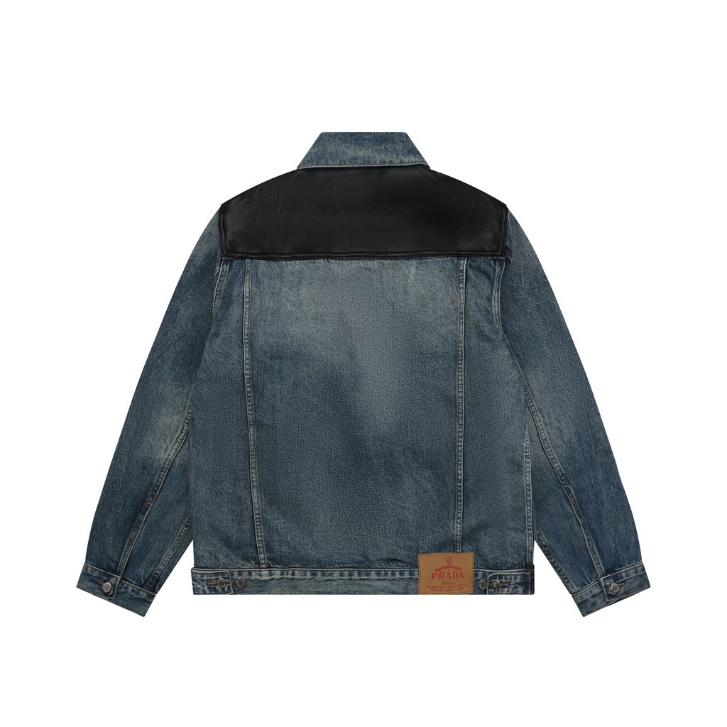 Prada black faux leather patchwork denim jacket washed denim faux cowhide leather enzyme stone washed sprayed vintage distressed finish sizes S-XL