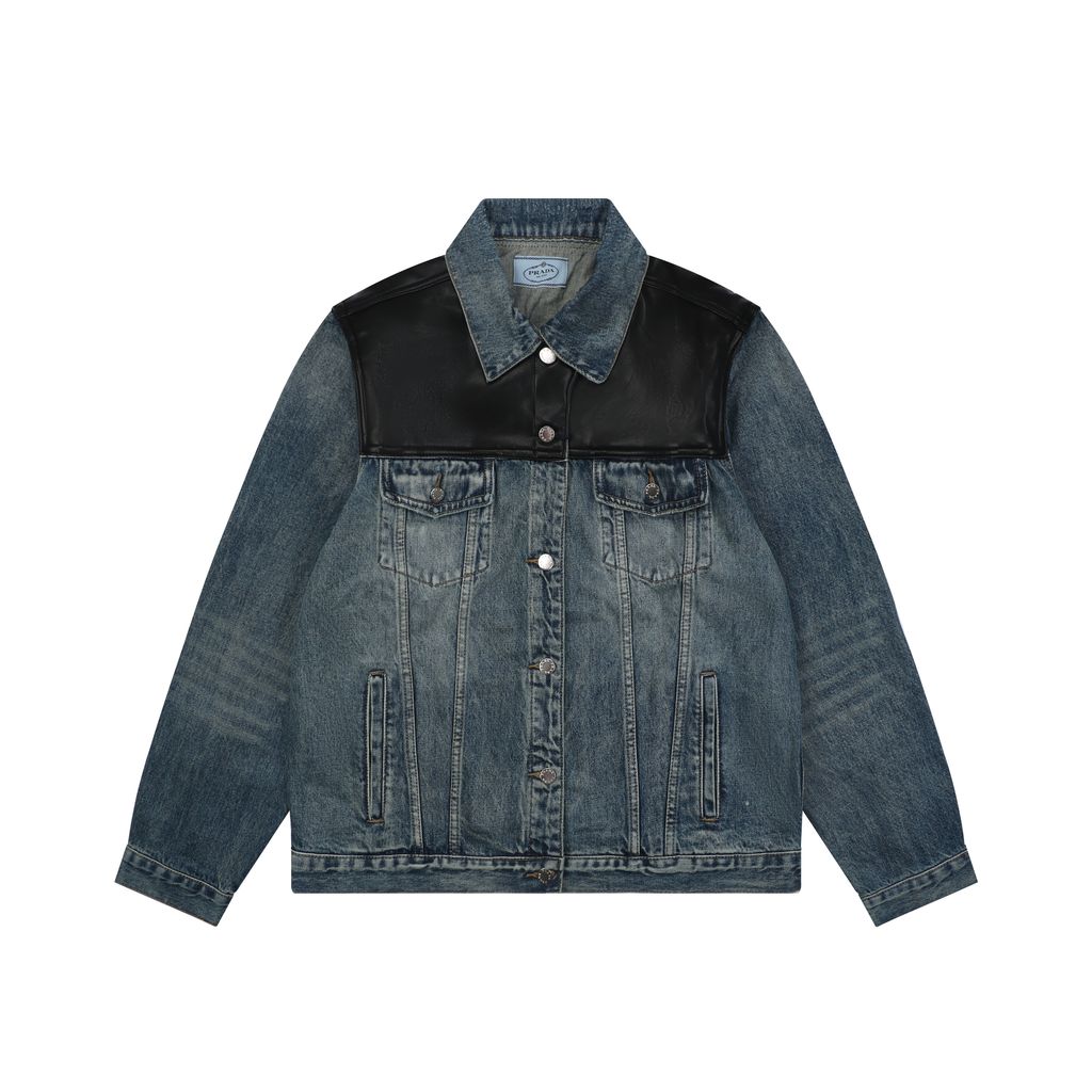 Prada black faux leather patchwork denim jacket washed denim faux cowhide leather enzyme stone washed sprayed vintage distressed finish sizes S-XL