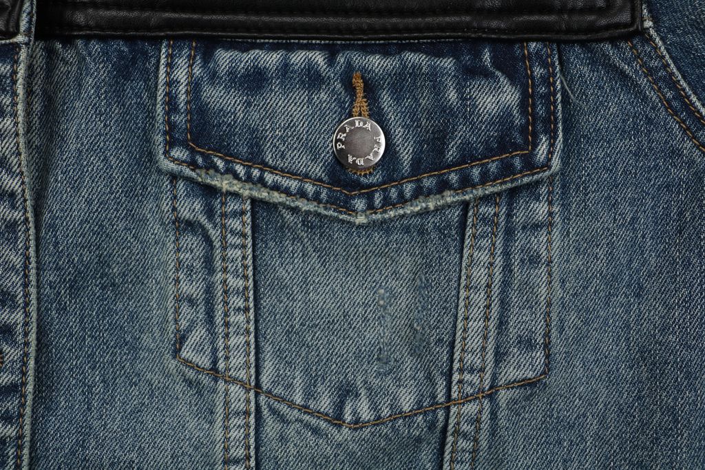 Prada black faux leather patchwork denim jacket washed denim faux cowhide leather enzyme stone washed sprayed vintage distressed finish sizes S-XL