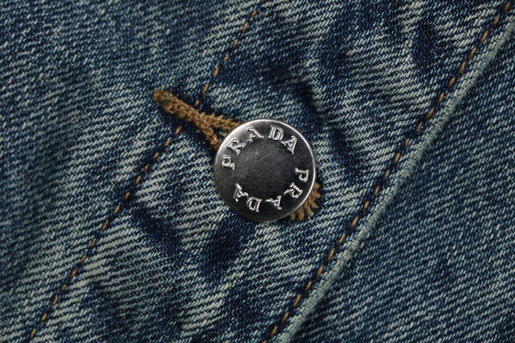 Prada black faux leather patchwork denim jacket washed denim faux cowhide leather enzyme stone washed sprayed vintage distressed finish sizes S-XL