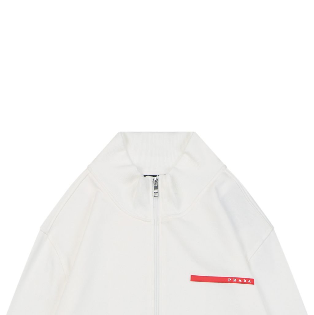 Prada red stripe silicone logo high neck jacket soft cotton fabric relaxed unisex fit two side pockets sizes S-XL