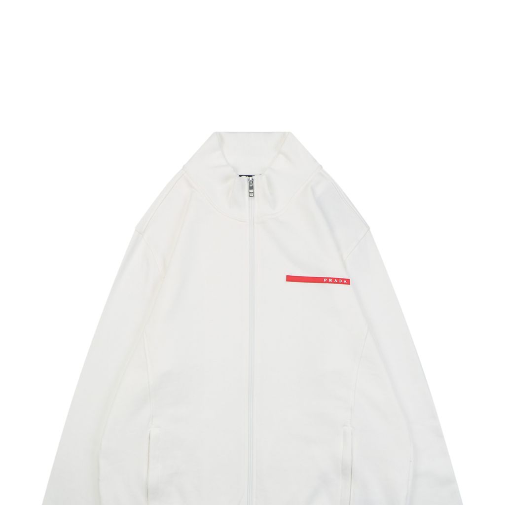 Prada red stripe silicone logo high neck jacket soft cotton fabric relaxed unisex fit two side pockets sizes S-XL