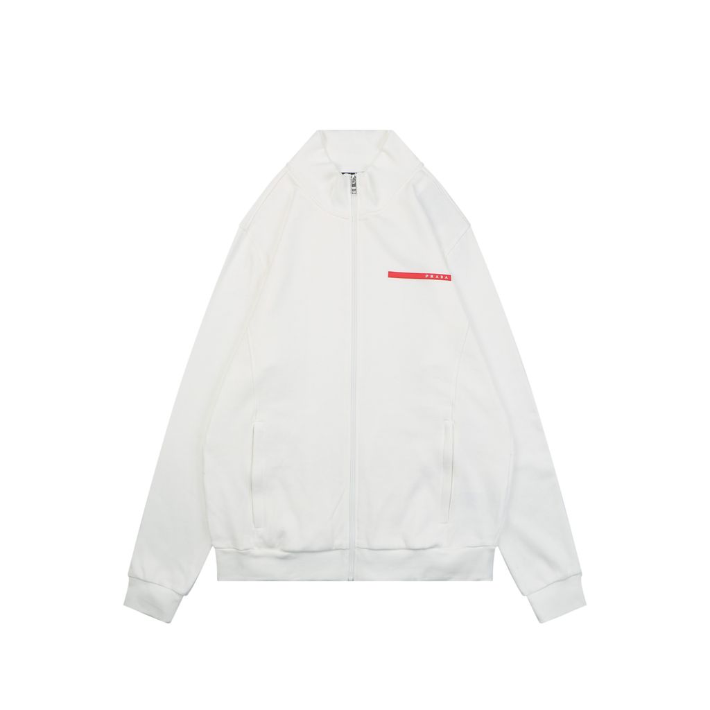 Prada red stripe silicone logo high neck jacket soft cotton fabric relaxed unisex fit two side pockets sizes S-XL