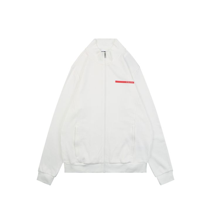 Prada red stripe silicone logo high neck jacket soft cotton fabric relaxed unisex fit two side pockets sizes S-XL