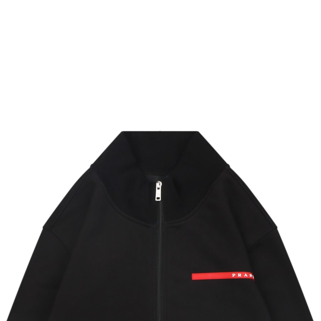 Prada black red stripe silicone logo high neck jacket soft cotton fabric relaxed unisex fit two side pockets sizes S-XL