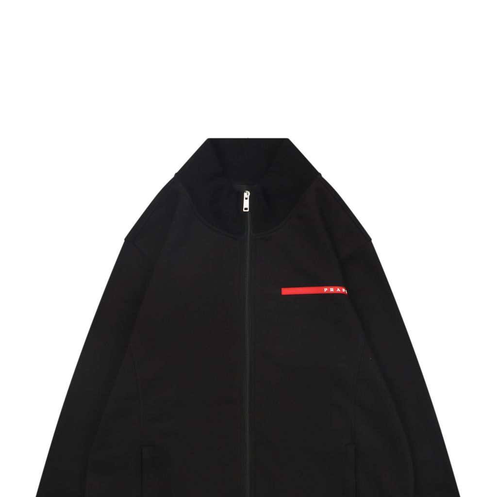 Prada black red stripe silicone logo high neck jacket soft cotton fabric relaxed unisex fit two side pockets sizes S-XL
